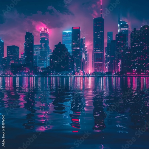 A beautiful cityscape with a river in the foreground and a tall buildings in the background © Lucky_jl