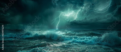 Single lightning strike on the ocean during a storm, dark waters illuminated