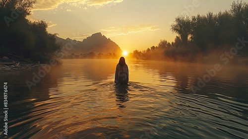A serene depiction of Jesus Christ standing in the Jordan River. photo