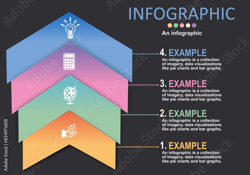 Vector infographic of four tiered arrows arranged in ascending order on a black gray background in modern style for presentations on finance, banking, administration, education, work planning.