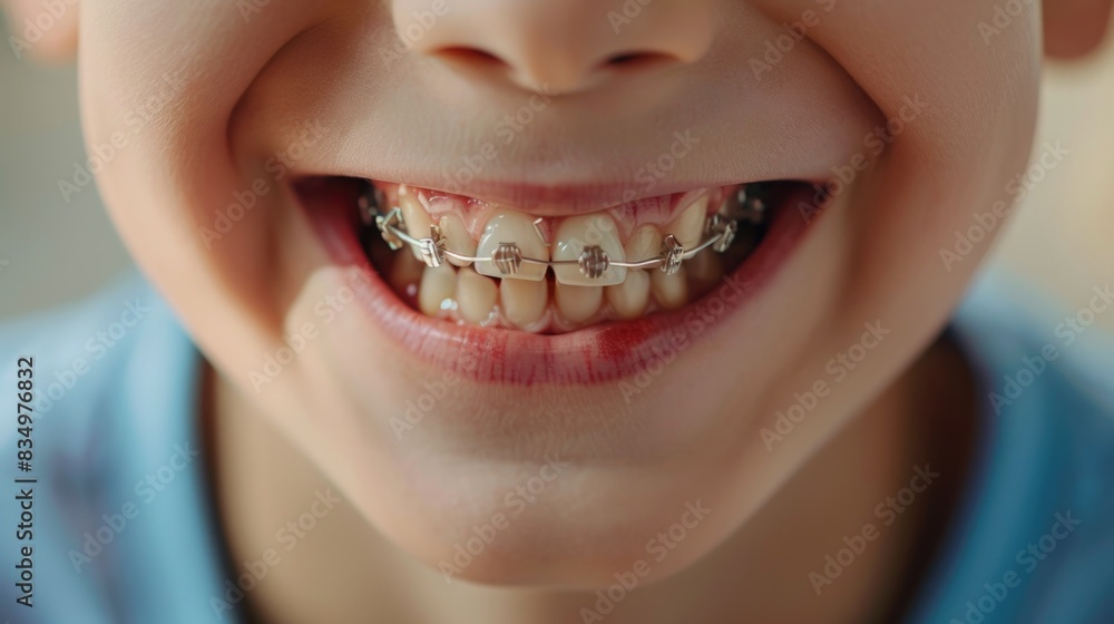 A young boy smiling at the camera and showing his orthodontic metal wires. A young boy smiling at the camera and showing his orthodontic metal wires.