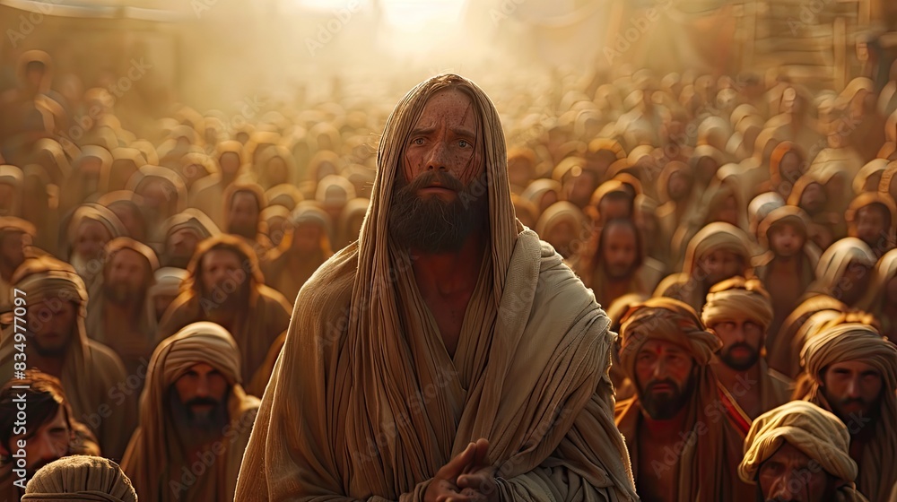 A serene depiction of Jesus Christ teaching the crowds. A serene depiction of Jesus Christ teaching the crowds.