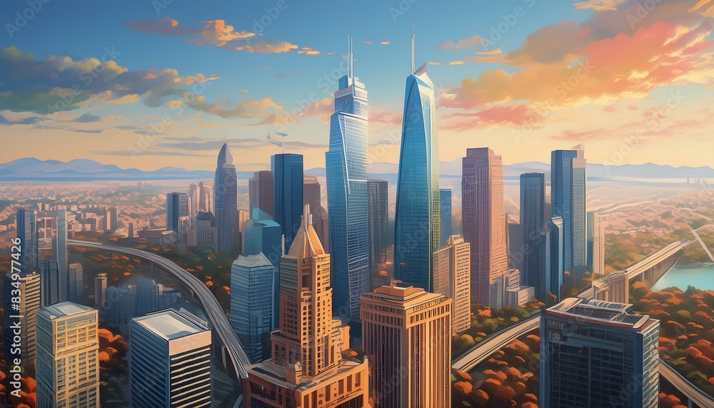Obraz premium Cityscape overlooking high-rise corporate buildings in the commercial and financial center art design