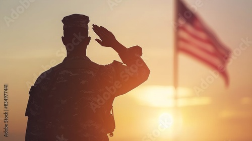 Silhouette of a soldier saluting in front of an American flag during sunset, symbolizing patriotism and military service.