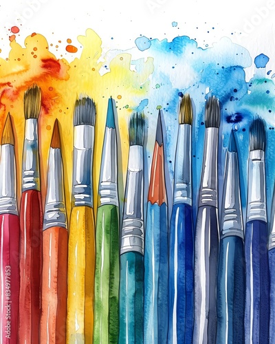 Colorful array of paintbrushes arranged in a row with vibrant watercolor splashes, perfect for creative and artistic inspirations.