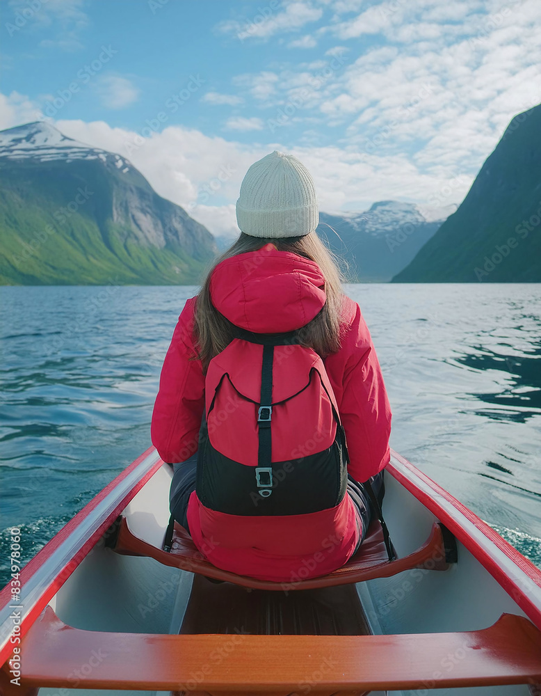Woman with red backpack paddle canoe Woman with red backpack paddle canoe