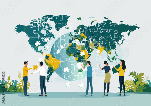 Team Building Puzzle Path to Global Business Concept, International Cooperation and Collaboration, Vector Illustration