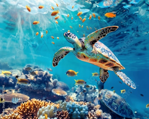 High-quality underwater photograph with turtle and diverse marine animals in ocean