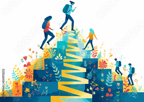 Business Success Journey: Conceptual Illustration of People Climbing Towards Career Growth and Achievement on a Mountain Path