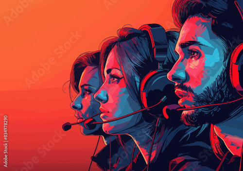 Customer Service Hotline Operators with Headsets, Online Technical Support 24 Hours, Vector Illustration on Vibrant Background