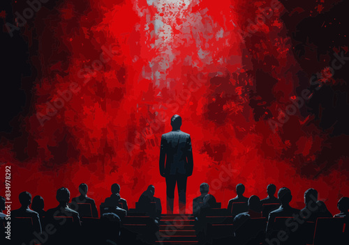 Visionary Leader Inspiring Audience with Future-Driven Goals, Red Background, Motivational Business Vector Illustration