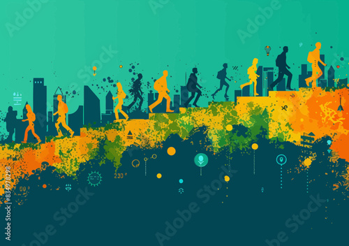 Team Running Up in Career Growth Business Vector Illustration with Icons and Minimalistic Design, Depicting Concept of Professional Advancement and Teamwork in Office Environment