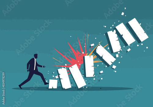 Businessman Preventing Domino Effect with Exploding Blocks, Showing Support and Resilience Concept, Minimalistic Vector Illustration for Business Challenges