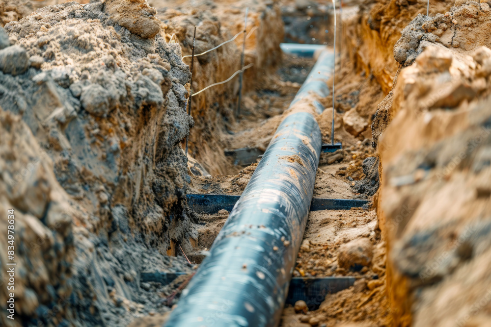 A pipe is being laid in a trench A pipe is being laid in a trench