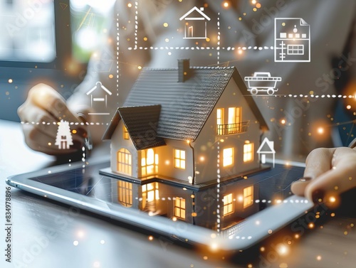 A real estate appraiser evaluating property values on a digital tablet close up, valuation theme, realistic, blend mode, modern office backdrop