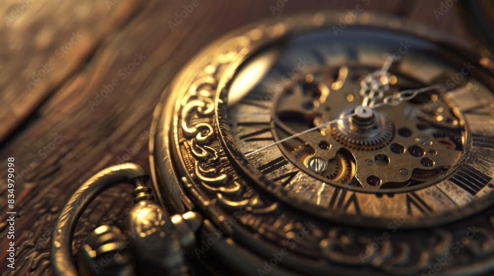 Obraz premium Close-up of an antique pocket watch showcasing intricate clockwork and detailed engravings, highlighting time, craftsmanship, and elegance.