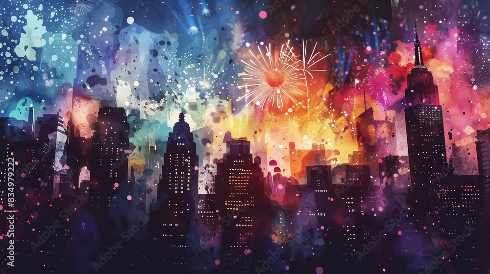 Fototapeta premium Low-angle view of colorful fireworks exploding brilliantly over a city skyline