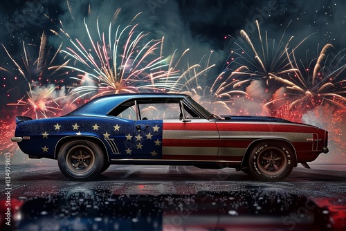 Side view of a vintage American muscle car painted with the American flag, fireworks in the background, photorealistic, July Fourth Independence Day celebration, night scene, vivid colors