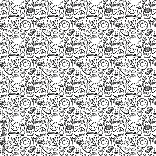 Seamless American food pattern. Doodle ilustration with american food icons. Fast food background