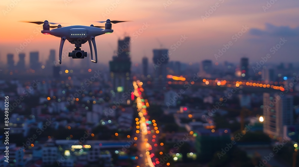 A drone flies over a city at sunset, capturing the urban landscape with its camera. A drone flies over a city at sunset, capturing the urban landscape with its camera.