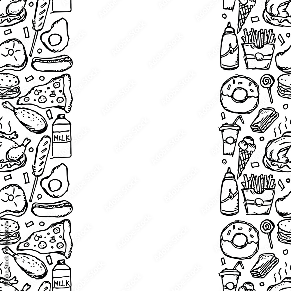 American food frame. Doodle ilustration with american food icons. Fast food background American food frame. Doodle ilustration with american food icons. Fast food background