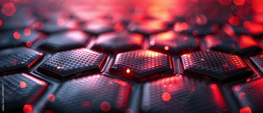 Fototapeta premium 3D rendering of a metallic hexagonal surface with carbon black detailing, deep red light for futuristic design concepts