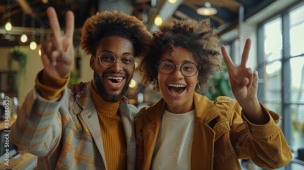 Fototapeta premium Two people standing and smiling. They look extremely amazed, are gasping and pointing their finger up. There is a very energetic energy. Generative AI.