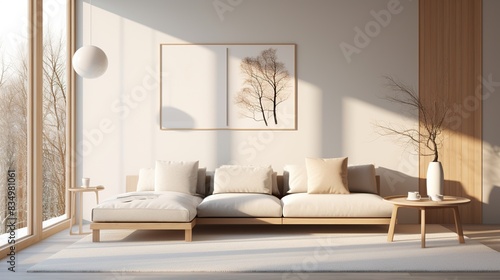 Living room interior in modern Japandi style in beige tones with poster frame