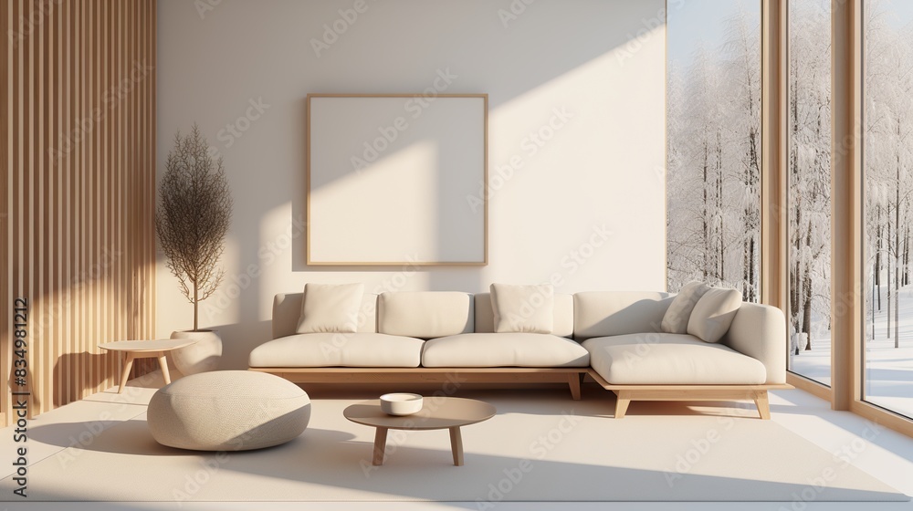 Living room interior in modern Japandi style in beige tones with poster frame Living room interior in modern Japandi style in beige tones with poster frame