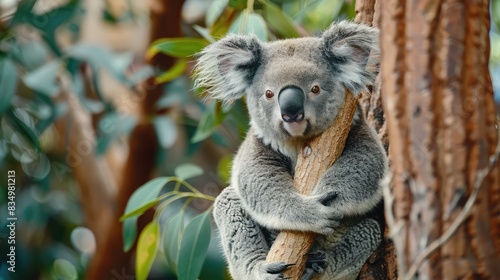 Portrait of a koala on a tree. AI generated.