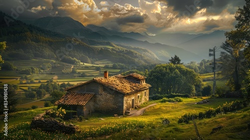 Rural house in the countryside. AI generated.