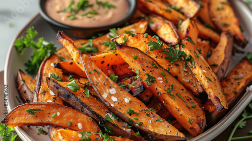 Sweet Potato Fries, Crispy, oven-baked sweet potato fries seasoned with a blend of paprika, garlic powder, and sea salt, served with a tangy dipping sauce. Generative AI.