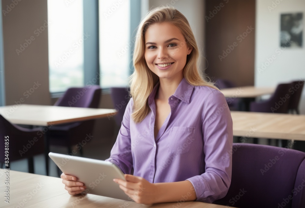 Smiling woman in purple blouse using a digital tablet. Efficient and tech-savvy professional. Smiling woman in purple blouse using a digital tablet. Efficient and tech-savvy professional.