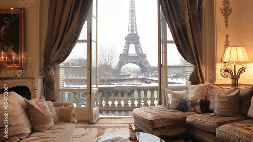 Photo of an interior view of a modern parisian apartment. view of the eiffel tower from the window.