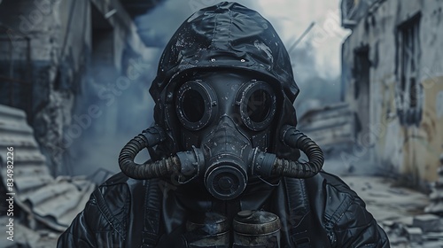 A soldier in a gas mask stands in a ruined city.