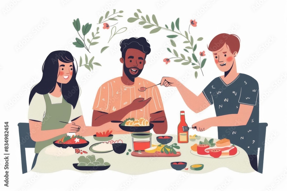 A vibrant illustration of people from diverse cultures coming together to share a meal, celebrating the exchange of culinary traditions and fostering cultural understanding. A vibrant illustration of people from diverse cultures coming together to share a meal, celebrating the exchange of culinary traditions and fostering cultural understanding.