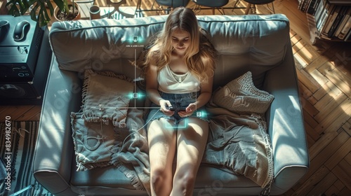 A woman sits on the couch in a loft apartment and connects her smartphone to the smart home system. top view. Generative AI.