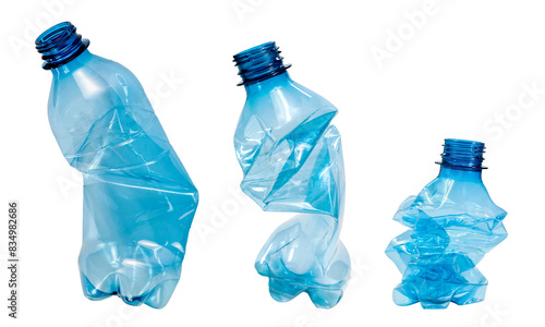 collection of various used waste crush plastic bottles on white background,  each one is shot separately isolated clipping path on white background.  photo