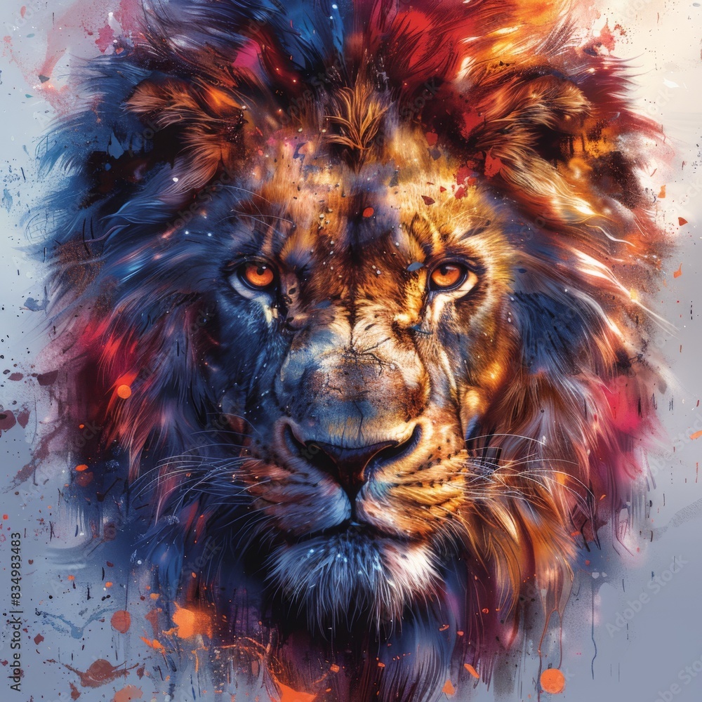 Naklejka premium The image is a vibrant and artistic representation of a lion’s head. The fusion of realism with abstract art elements creates a visually striking depiction of the animal