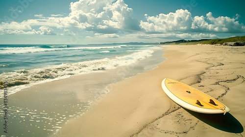 A yellow surfboard rests on a pristine sandy beach, with turquoise waves lapping at the shore under a bright blue sky.