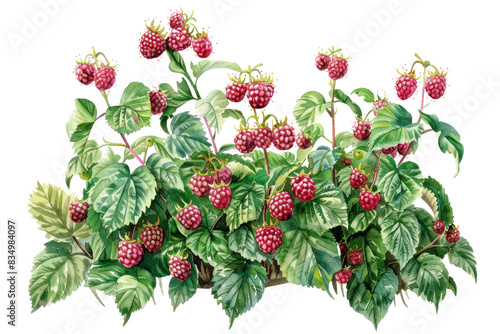 A watercolor painting of a raspberry bush laden with ripe berries, their vibrant red color popping against the lush green foliage,isolated on white background.