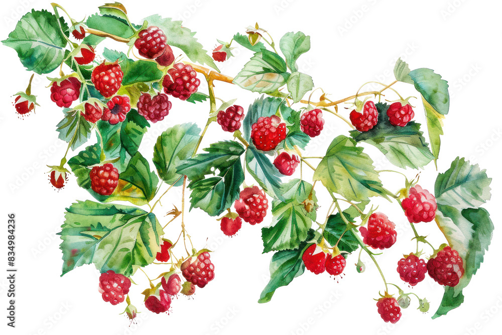 A watercolor painting of a raspberry bush laden with ripe berries, their vibrant red color popping against the lush green foliage,isolated on white background. A watercolor painting of a raspberry bush laden with ripe berries, their vibrant red color popping against the lush green foliage,isolated on white background.