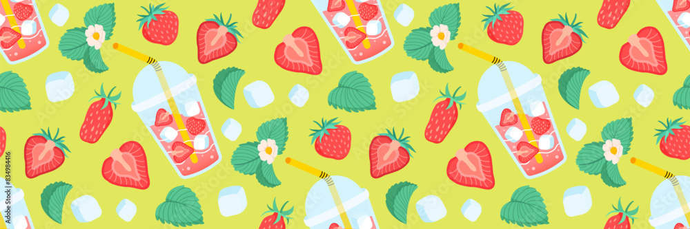 Fresh strawberries lemonade seamless pattern. Bright summer background for restaurants, cafe menus. Fresh strawberries lemonade seamless pattern. Bright summer background for restaurants, cafe menus.