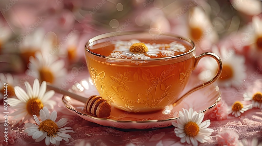 A cup of soothing chamomile tea, with a honey dipper. A cup of soothing chamomile tea, with a honey dipper.