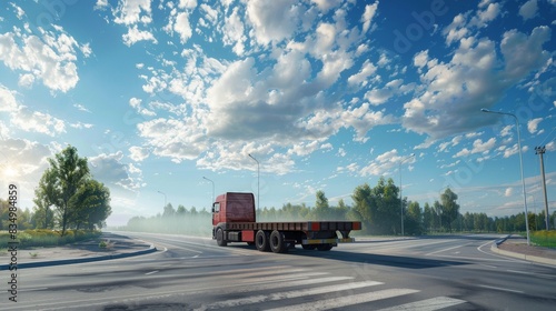 side angle view of a flatbed truck crossing a country 