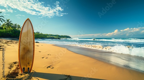 An image of a surfboard on a sandy beach with the ocean in the background