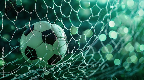 Close-up of a soccer ball in the back of the net.  The net is a blur of green and white, and the ball is in focus. photo