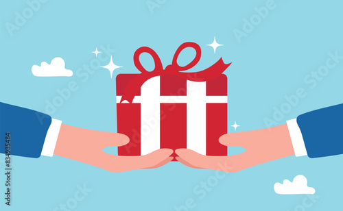 Hand giving gift box with ribbon, gift reward program, bonus or surprise present for customer, employee reward or lucky prize, birthday gift box or festive incentive, special loyalty program concept.