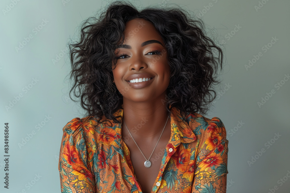 Happy African American woman with afro hairstyle and natural makeup, portrait of black chubby girl Happy African American woman with afro hairstyle and natural makeup, portrait of black chubby girl