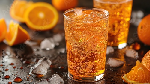 A glass of bright and tangy orange soda. photo